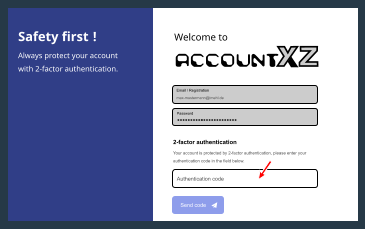 Welcome to ACCOUNT Password Email / Registration max-mustermann@imehl.de 2-factor authentication Your account is protected by 2-factor authentication, please enter your authentication code in the field below. Authentication code  Send code  Safety first ! Always protect your account with 2-factor authentication.
